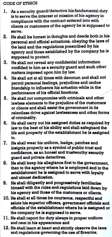 code of ethics of security guard english tagalog|code of ethics english/tagalog for security guard.